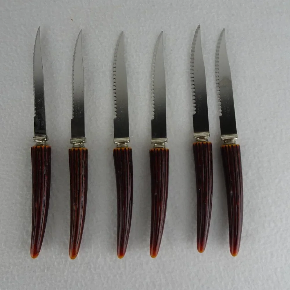 6 REGENT SHEFFIELD Steak Knives Stainless Blade Faux Antler Handle Original Box